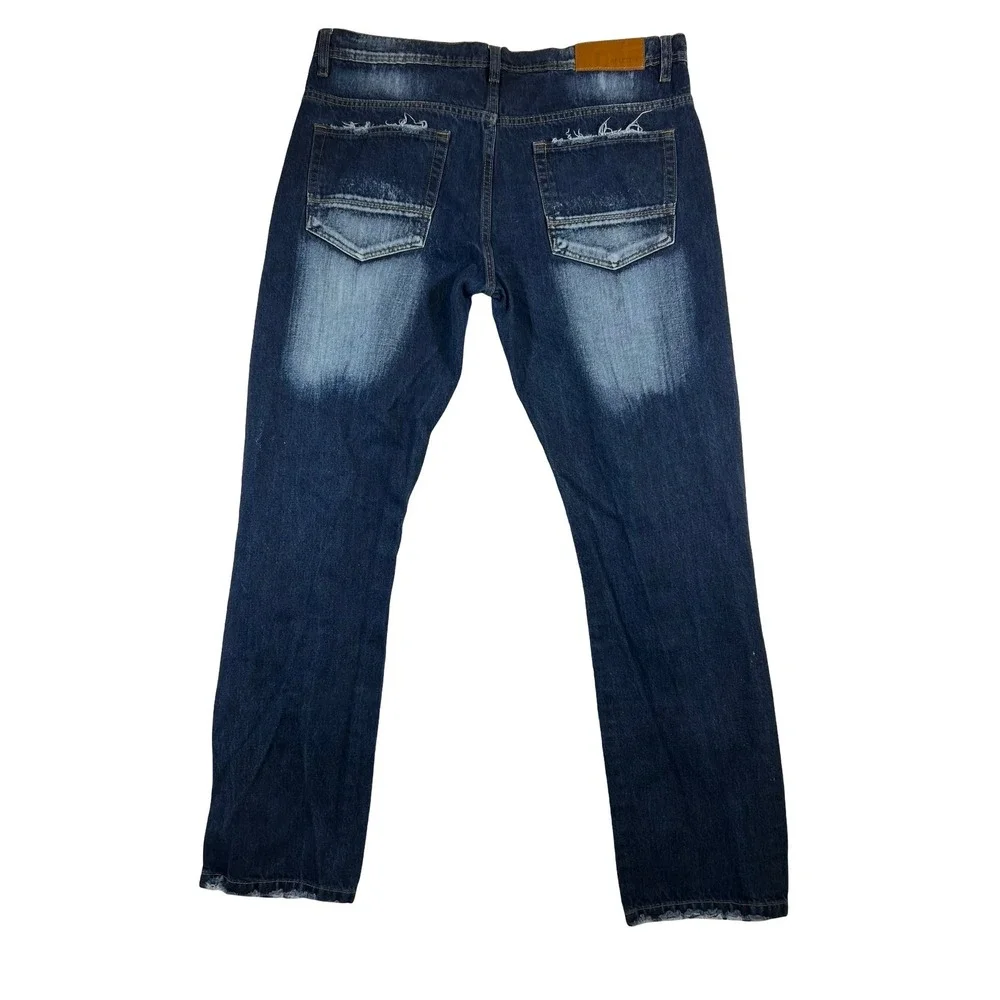 Arketype Mens Distressed Orange Patch Paint Splatter Jeans Dark Wash 38x34